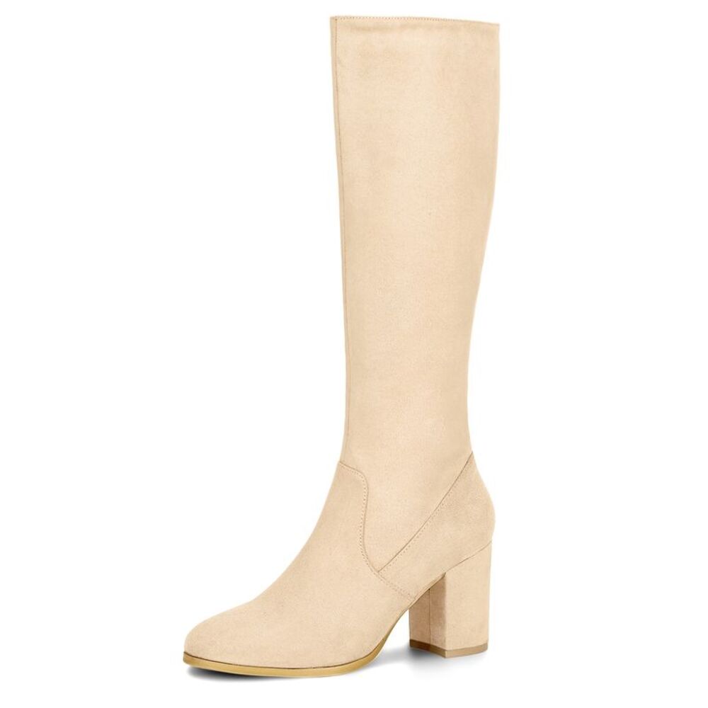 Side Zipper Chunky Heel Knee High Boots Beige